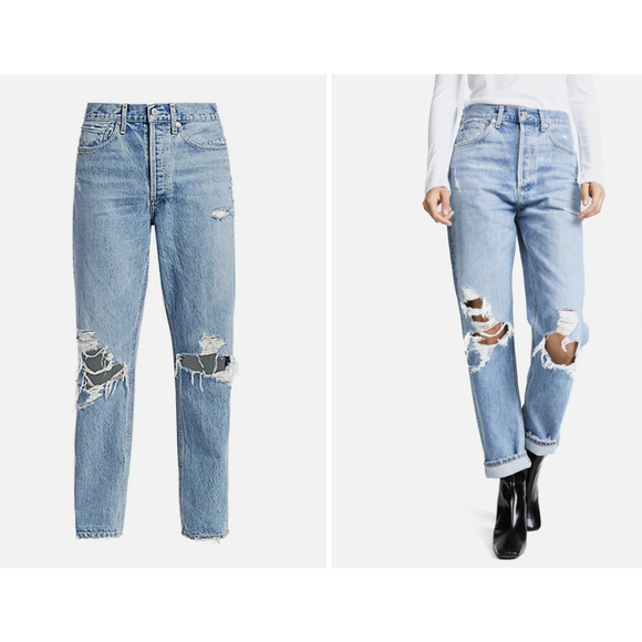 Agolde Denim - AGOLDE 90's Mid-Rise Straight Jeans in Fall Out Light Blue Relaxed Distressed 26